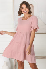 Cora Mini Dress - Cheesecloth Cotton Tiered Smock Dress with Frill Sleeves in Blush