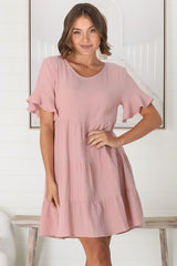 Cora Mini Dress - Cheesecloth Cotton Tiered Smock Dress with Frill Sleeves in Blush