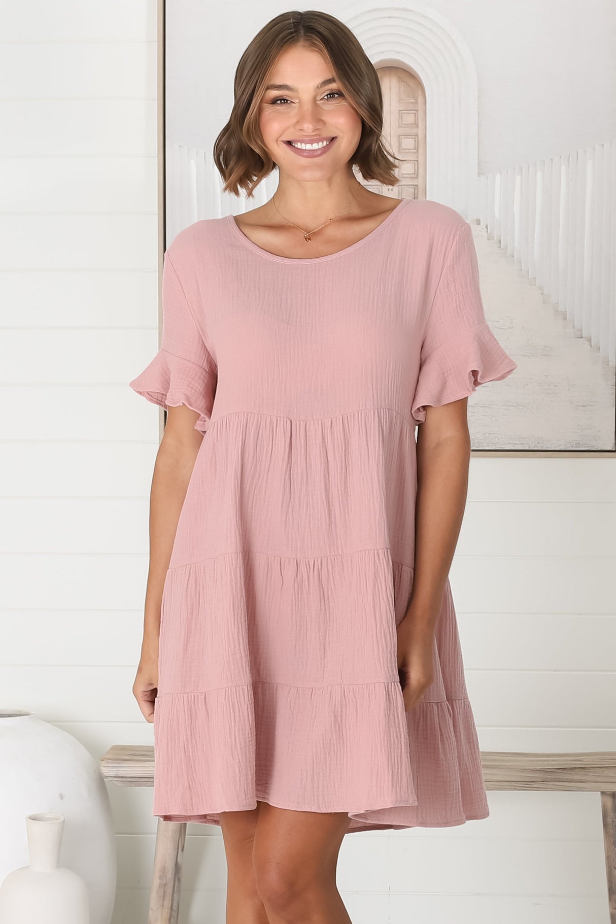 Cora Mini Dress - Cheesecloth Cotton Tiered Smock Dress with Frill Sleeves in Blush