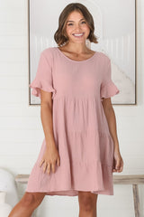 Cora Mini Dress - Cheesecloth Cotton Tiered Smock Dress with Frill Sleeves in Blush