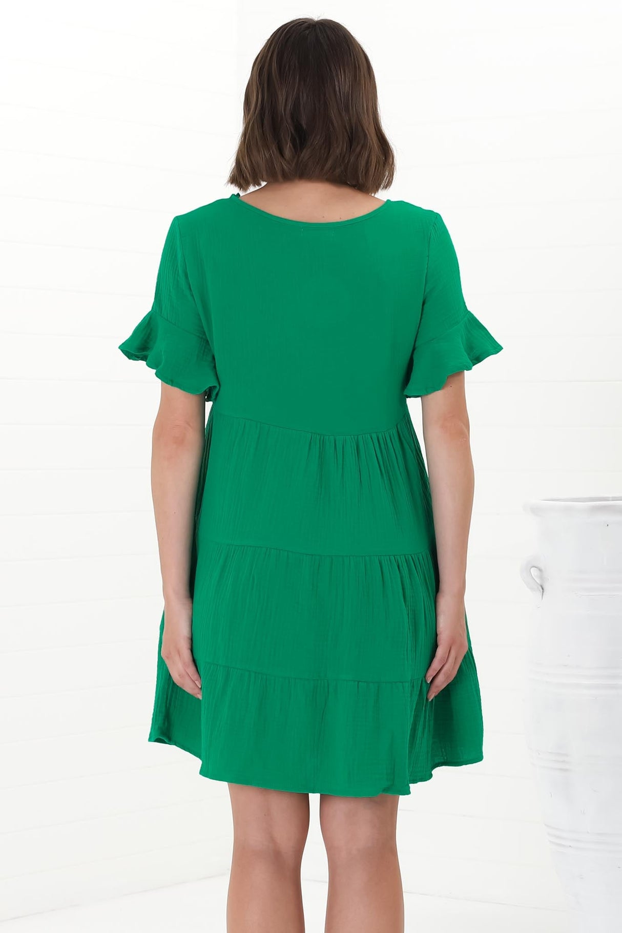 Cora Mini Dress - Cheesecloth Cotton Tiered Smock Dress with Frill Sleeves in Green