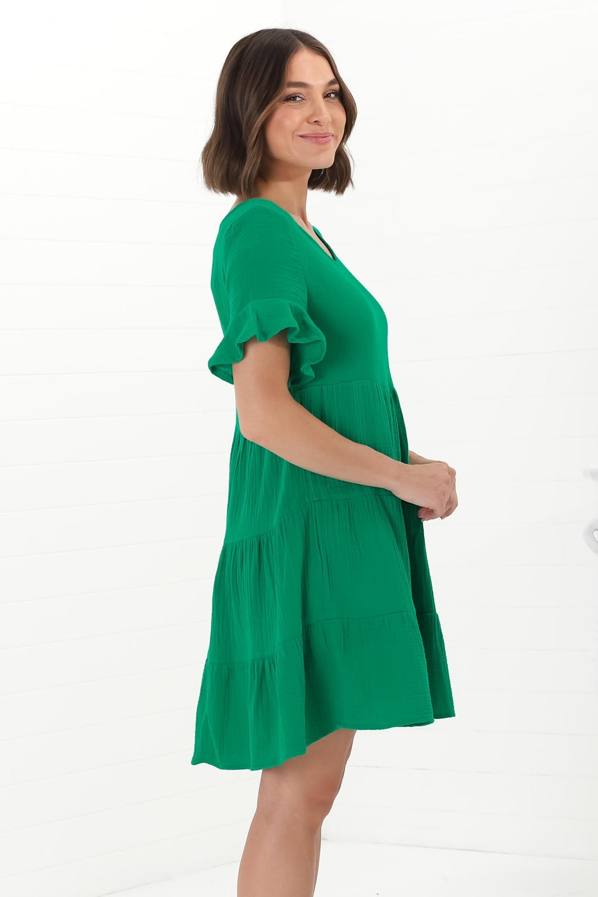 Cora Mini Dress - Cheesecloth Cotton Tiered Smock Dress with Frill Sleeves in Green