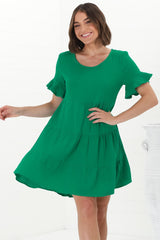 Cora Mini Dress - Cheesecloth Cotton Tiered Smock Dress with Frill Sleeves in Green