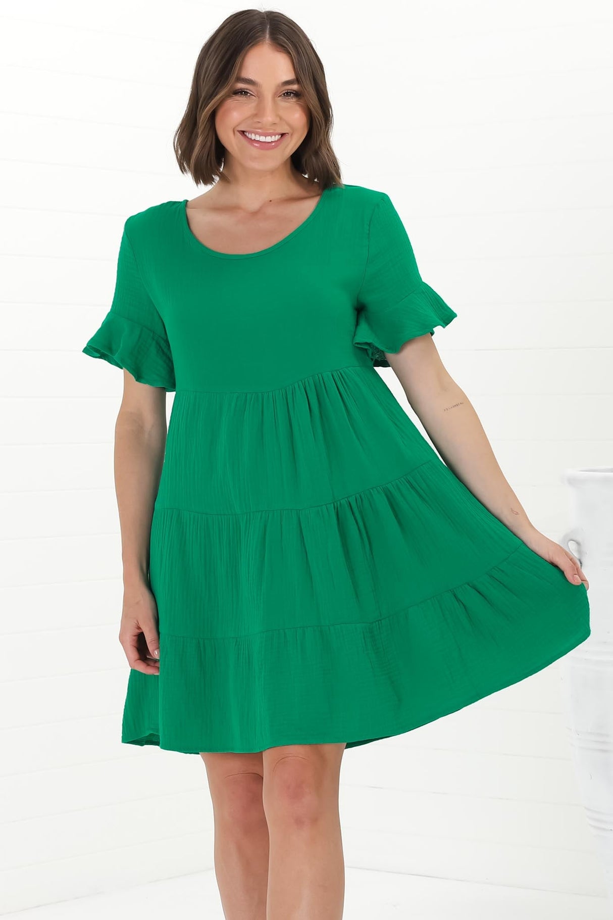 Cora Mini Dress - Cheesecloth Cotton Tiered Smock Dress with Frill Sleeves in Green