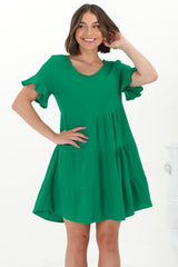 Cora Mini Dress - Cheesecloth Cotton Tiered Smock Dress with Frill Sleeves in Green