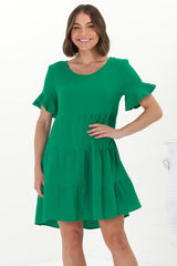 Cora Mini Dress - Cheesecloth Cotton Tiered Smock Dress with Frill Sleeves in Green