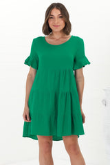 Cora Mini Dress - Cheesecloth Cotton Tiered Smock Dress with Frill Sleeves in Green