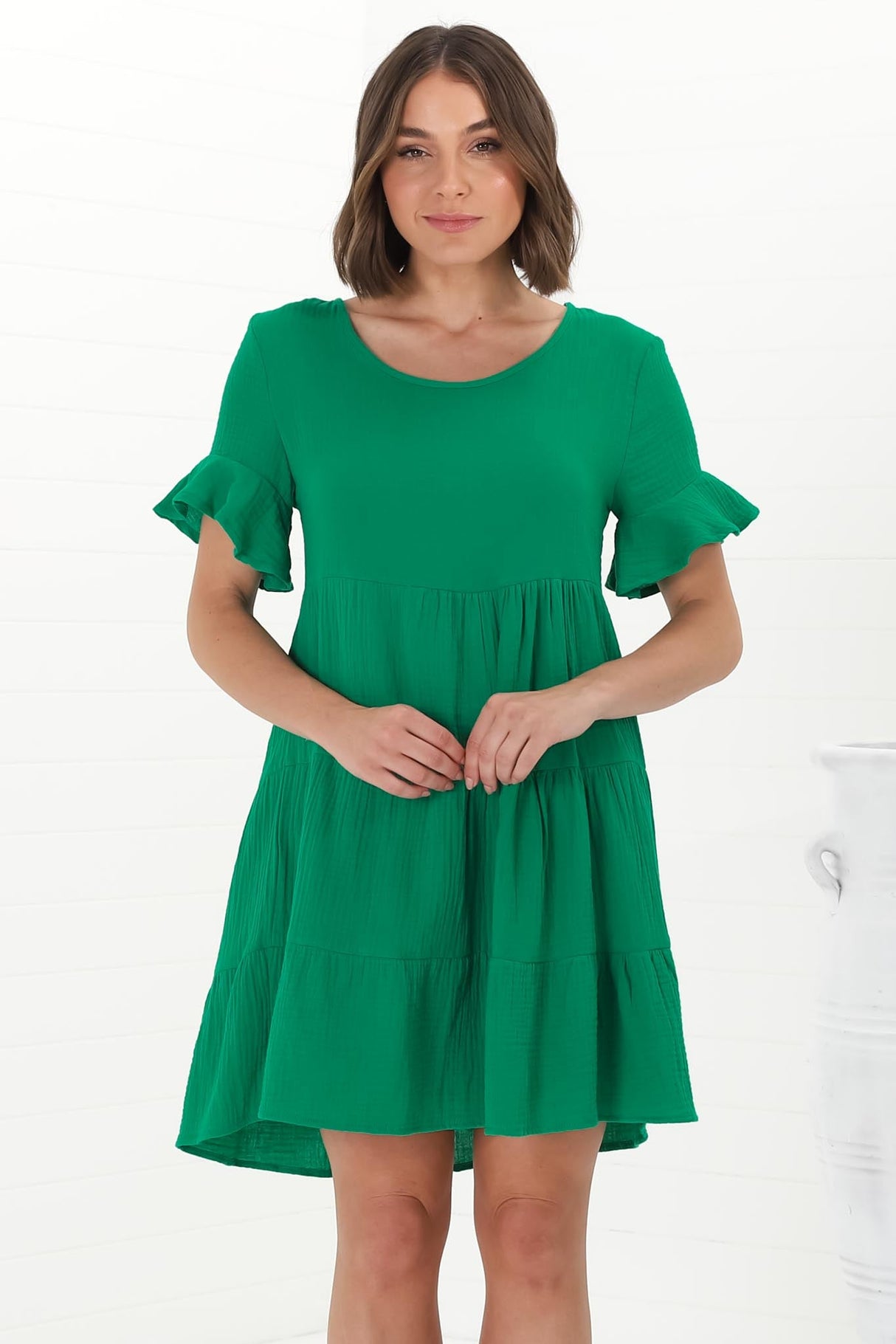 Cora Mini Dress - Cheesecloth Cotton Tiered Smock Dress with Frill Sleeves in Green