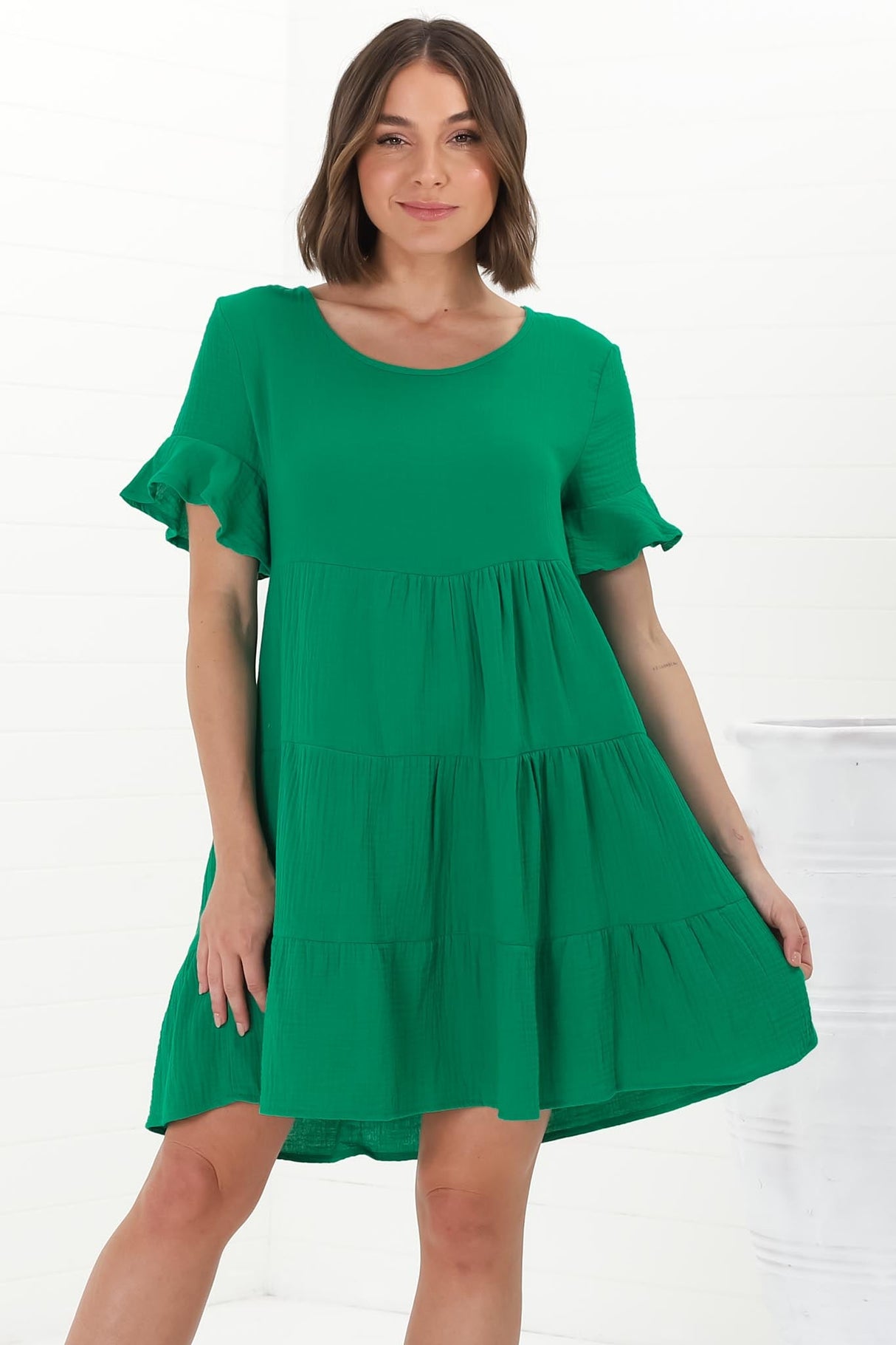 Cora Mini Dress - Cheesecloth Cotton Tiered Smock Dress with Frill Sleeves in Green