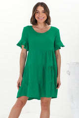 Cora Mini Dress - Cheesecloth Cotton Tiered Smock Dress with Frill Sleeves in Green