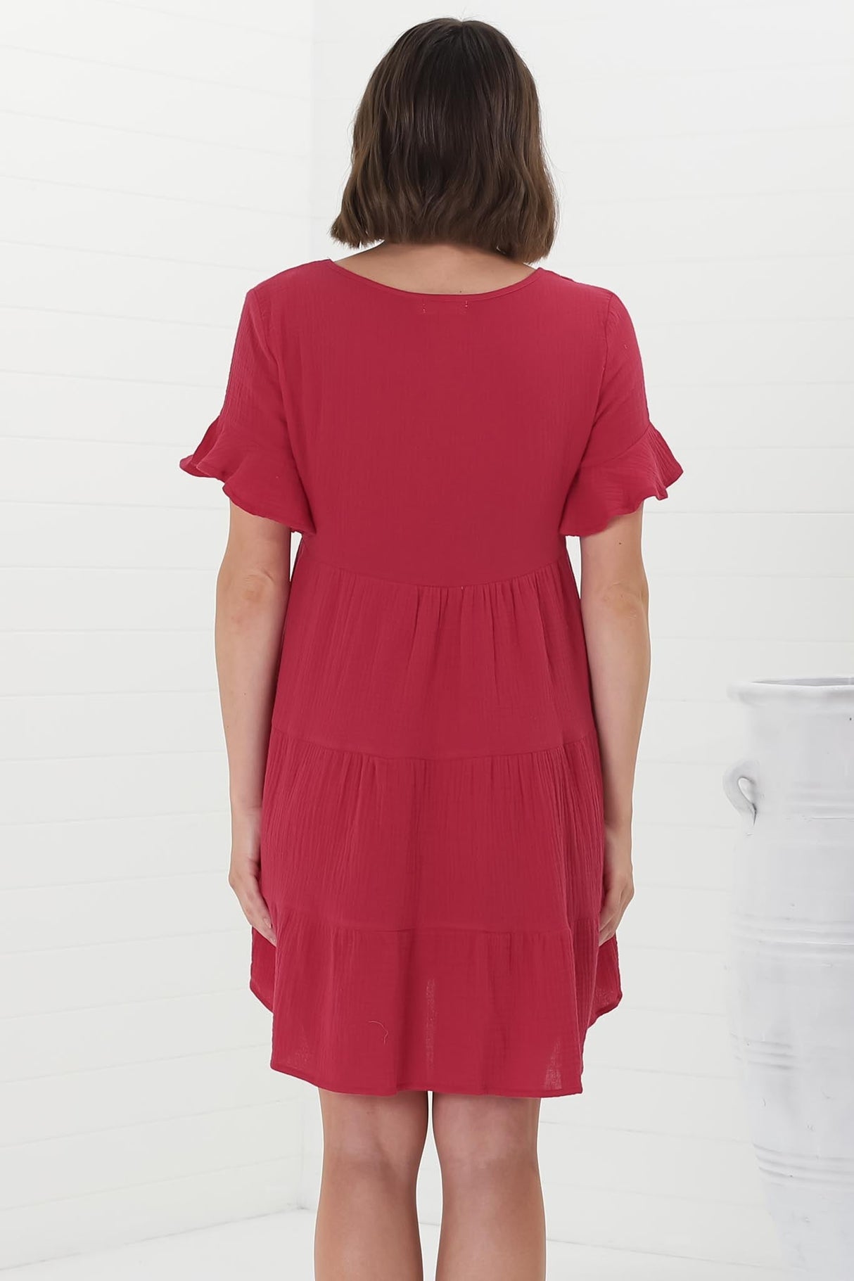 Cora Mini Dress - Cheesecloth Cotton Tiered Smock Dress with Frill Sleeves in Red