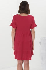 Cora Mini Dress - Cheesecloth Cotton Tiered Smock Dress with Frill Sleeves in Red