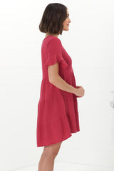 Cora Mini Dress - Cheesecloth Cotton Tiered Smock Dress with Frill Sleeves in Red