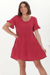 Cora Mini Dress - Cheesecloth Cotton Tiered Smock Dress with Frill Sleeves in Red