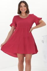 Cora Mini Dress - Cheesecloth Cotton Tiered Smock Dress with Frill Sleeves in Red