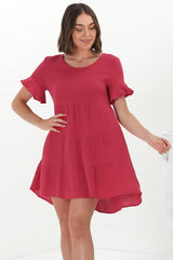 Cora Mini Dress - Cheesecloth Cotton Tiered Smock Dress with Frill Sleeves in Red