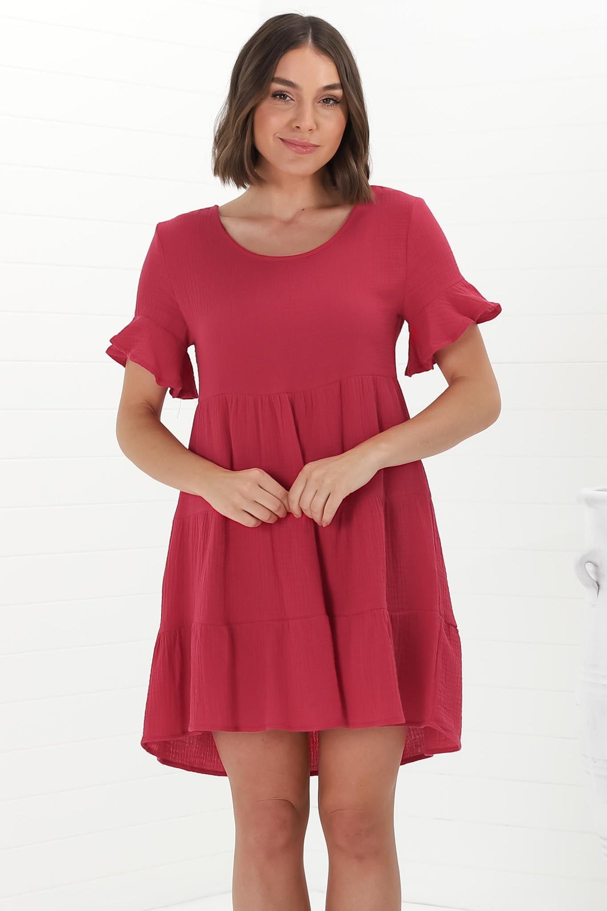 Cora Mini Dress - Cheesecloth Cotton Tiered Smock Dress with Frill Sleeves in Red