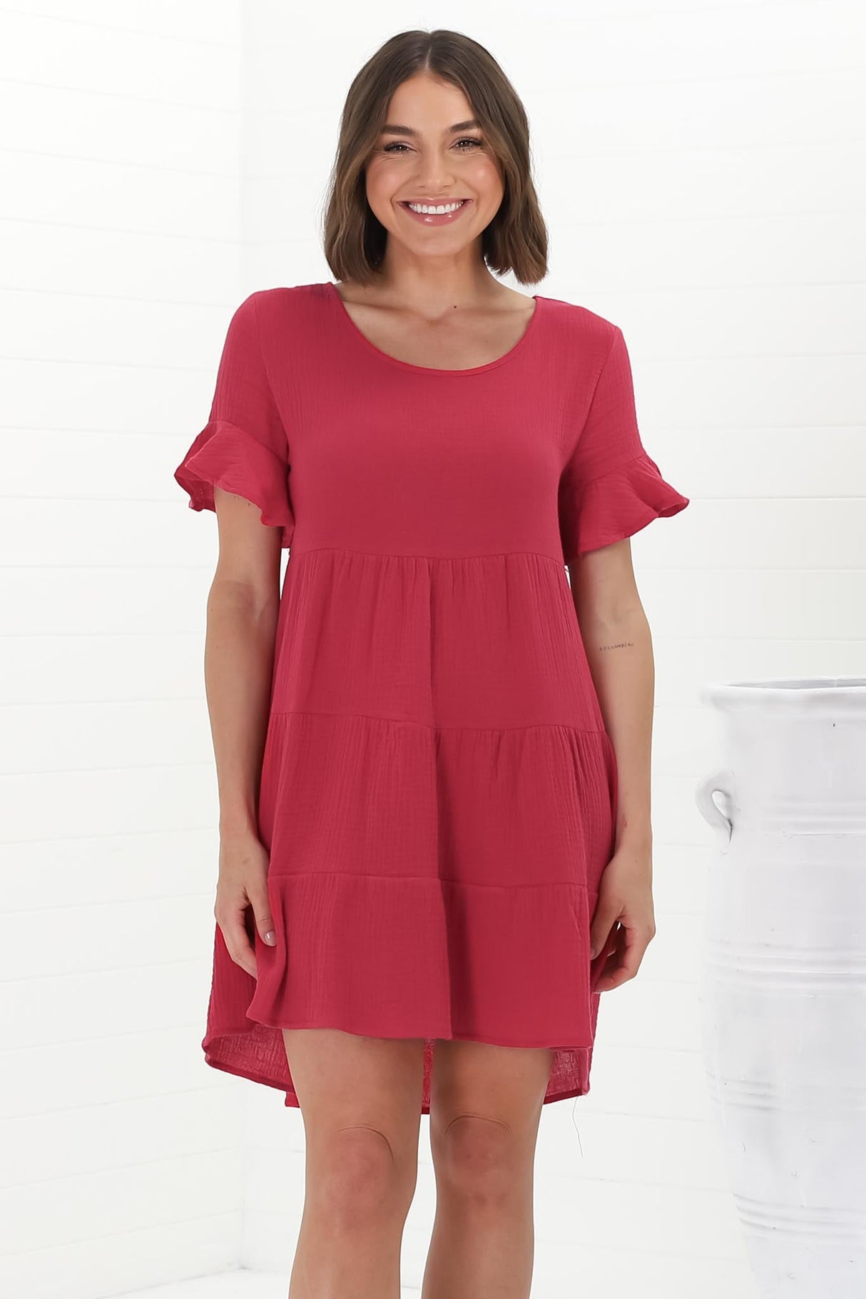 Cora Mini Dress - Cheesecloth Cotton Tiered Smock Dress with Frill Sleeves in Red