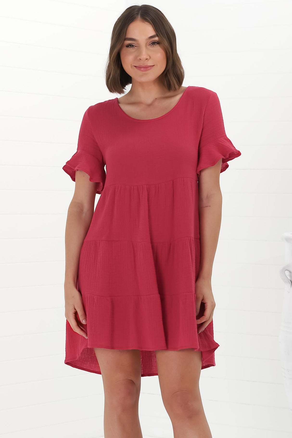 Cora Mini Dress - Cheesecloth Cotton Tiered Smock Dress with Frill Sleeves in Red