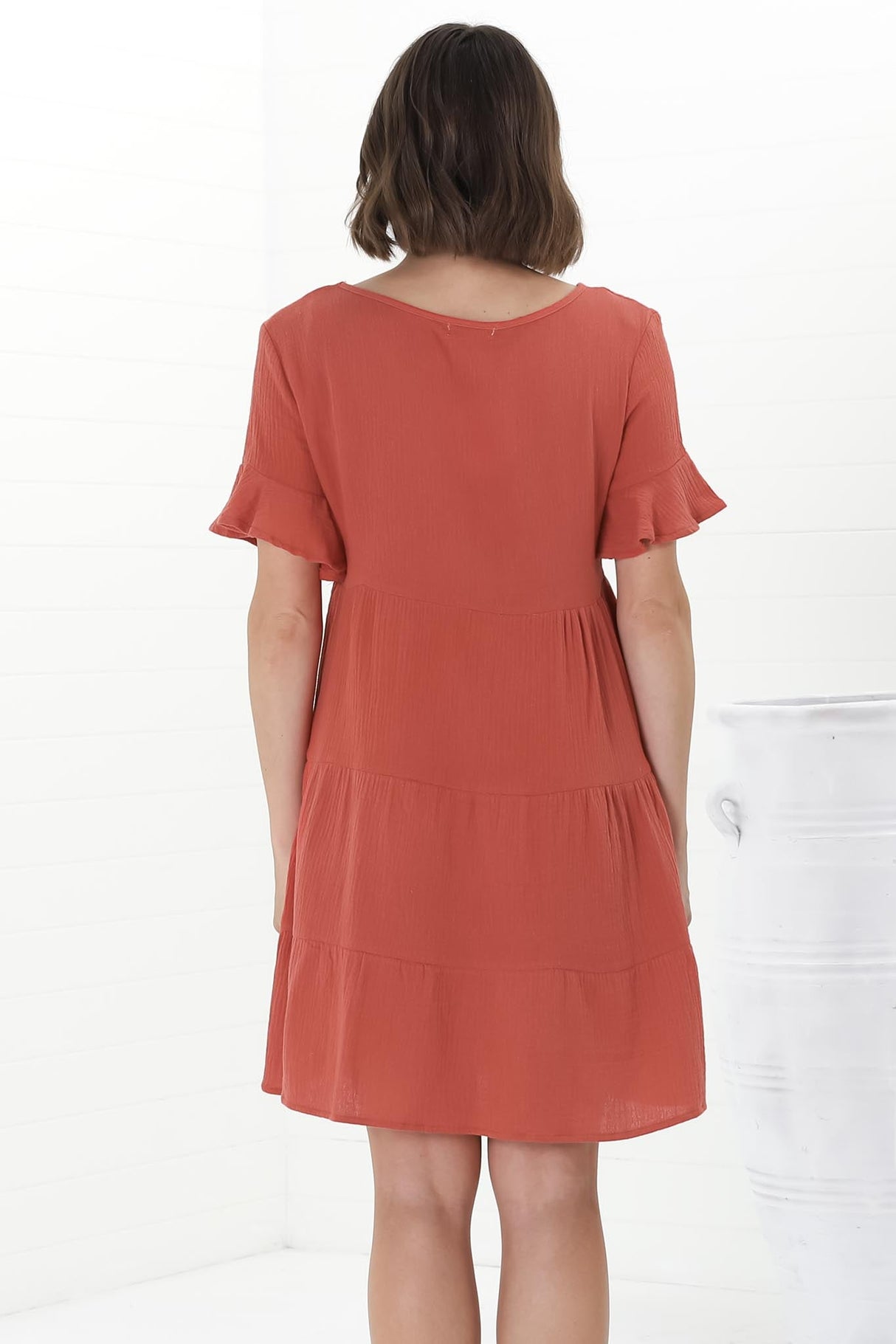 Cora Mini Dress - Cheesecloth Cotton Tiered Smock Dress with Frill Sleeves in Rust