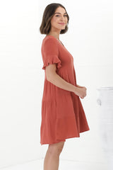 Cora Mini Dress - Cheesecloth Cotton Tiered Smock Dress with Frill Sleeves in Rust