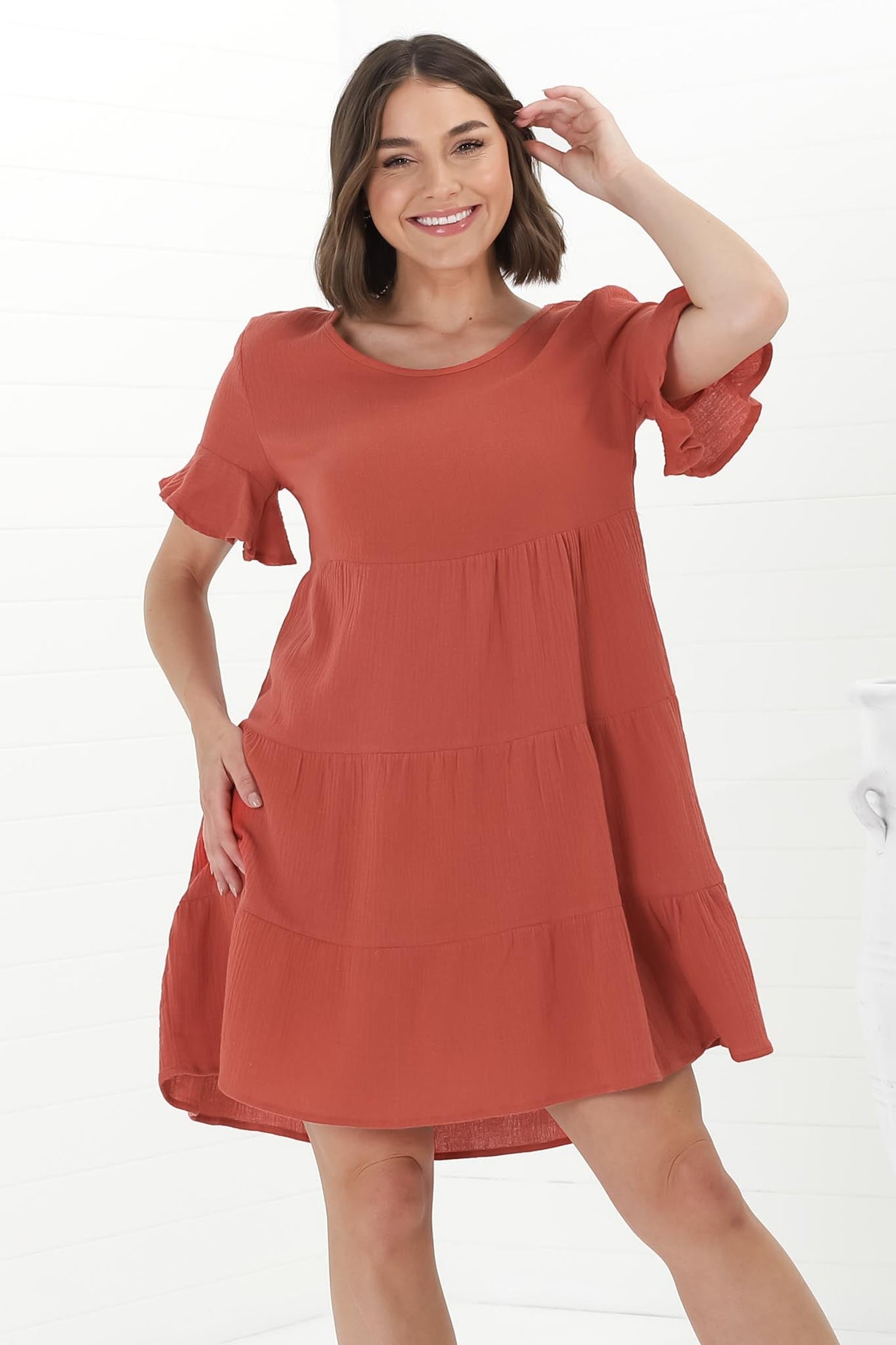 Cora Mini Dress - Cheesecloth Cotton Tiered Smock Dress with Frill Sleeves in Rust