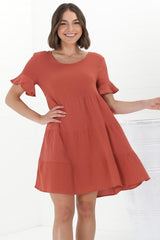 Cora Mini Dress - Cheesecloth Cotton Tiered Smock Dress with Frill Sleeves in Rust