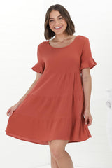 Cora Mini Dress - Cheesecloth Cotton Tiered Smock Dress with Frill Sleeves in Rust