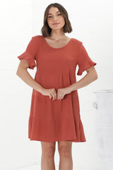 Cora Mini Dress - Cheesecloth Cotton Tiered Smock Dress with Frill Sleeves in Rust