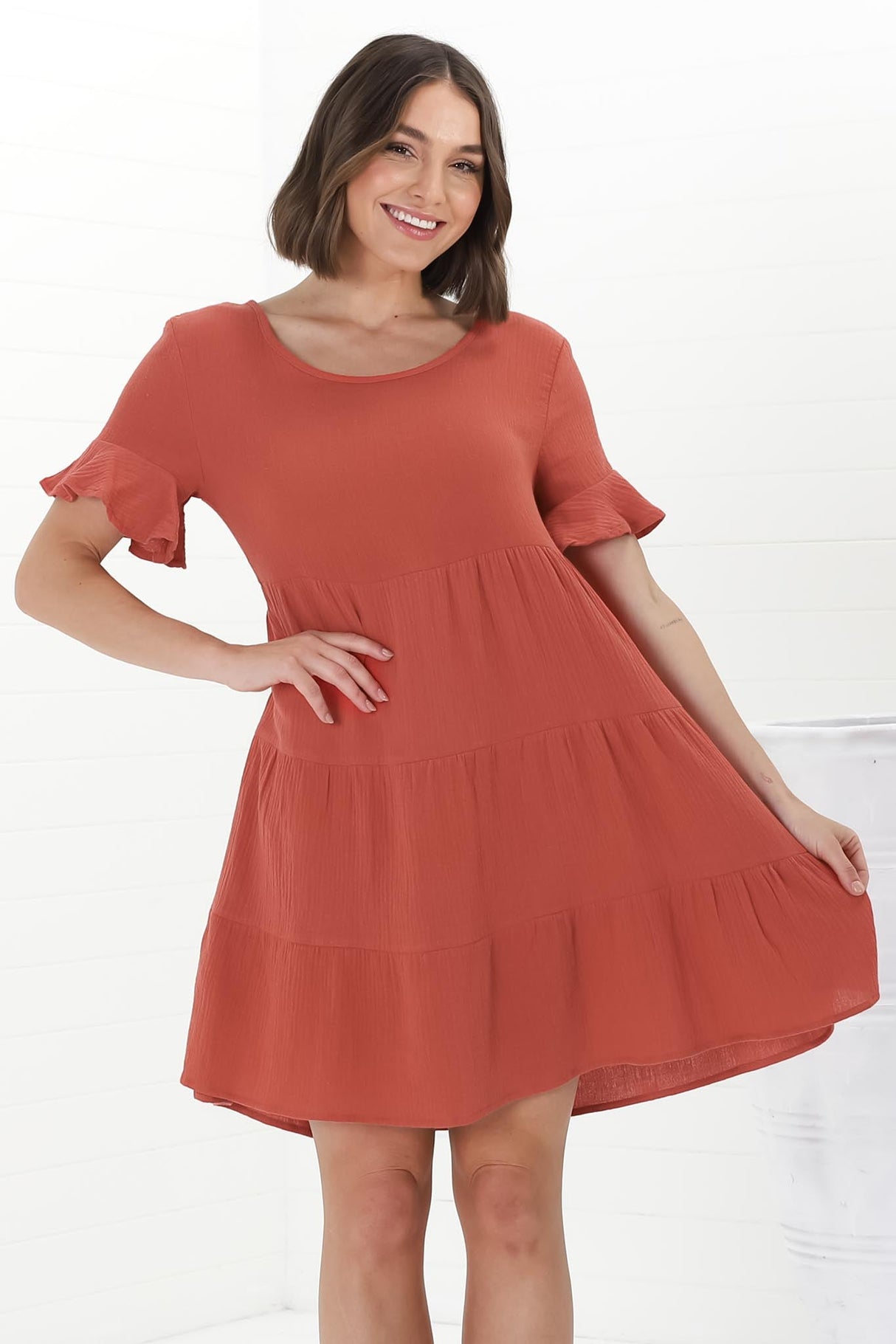 Cora Mini Dress - Cheesecloth Cotton Tiered Smock Dress with Frill Sleeves in Rust