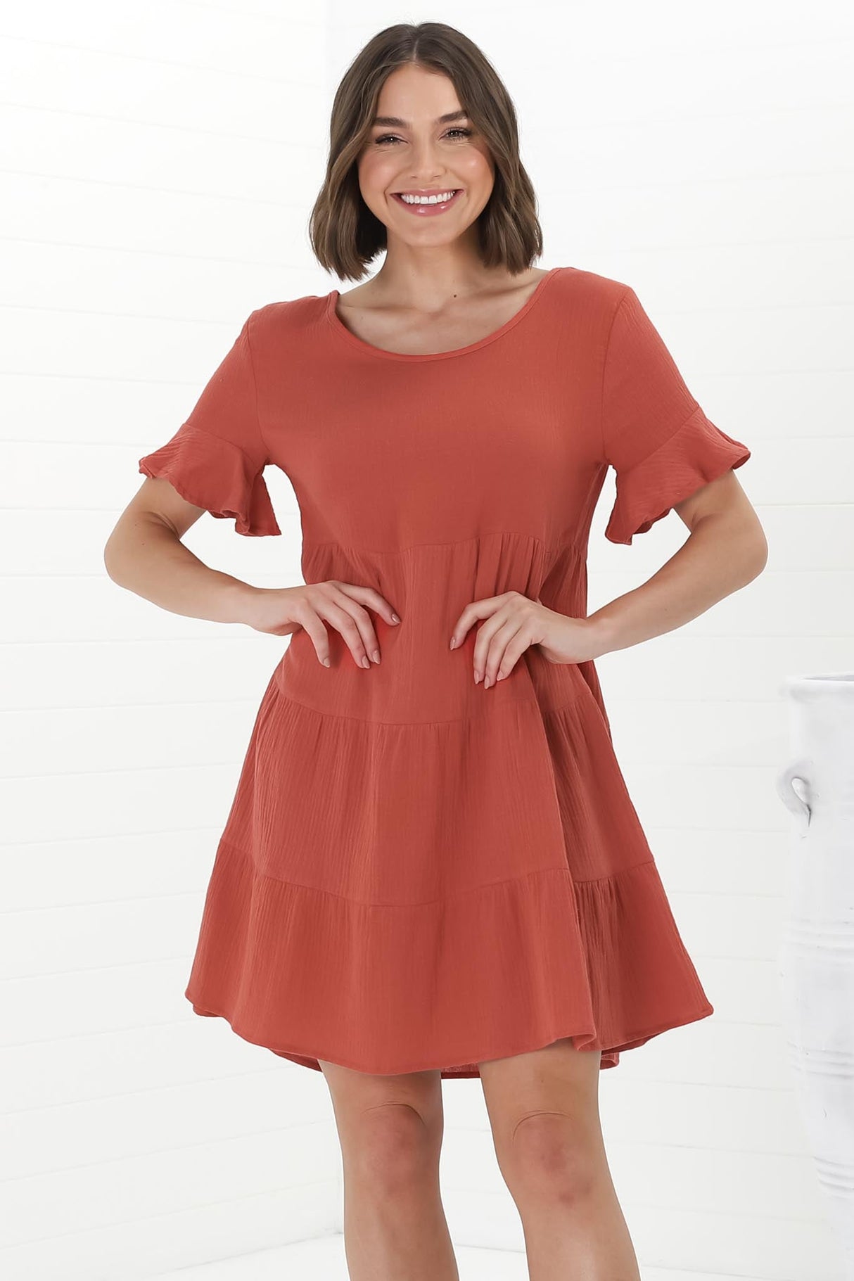 Cora Mini Dress - Cheesecloth Cotton Tiered Smock Dress with Frill Sleeves in Rust