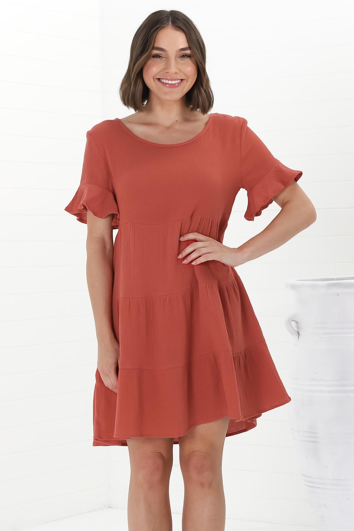 Cora Mini Dress - Cheesecloth Cotton Tiered Smock Dress with Frill Sleeves in Rust