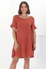 Cora Mini Dress - Cheesecloth Cotton Tiered Smock Dress with Frill Sleeves in Rust