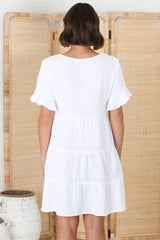 Cora Mini Dress - Cheesecloth Cotton Tiered Smock Dress with Frill Sleeves in White