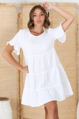 Cora Mini Dress - Cheesecloth Cotton Tiered Smock Dress with Frill Sleeves in White