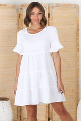 Cora Mini Dress - Cheesecloth Cotton Tiered Smock Dress with Frill Sleeves in White