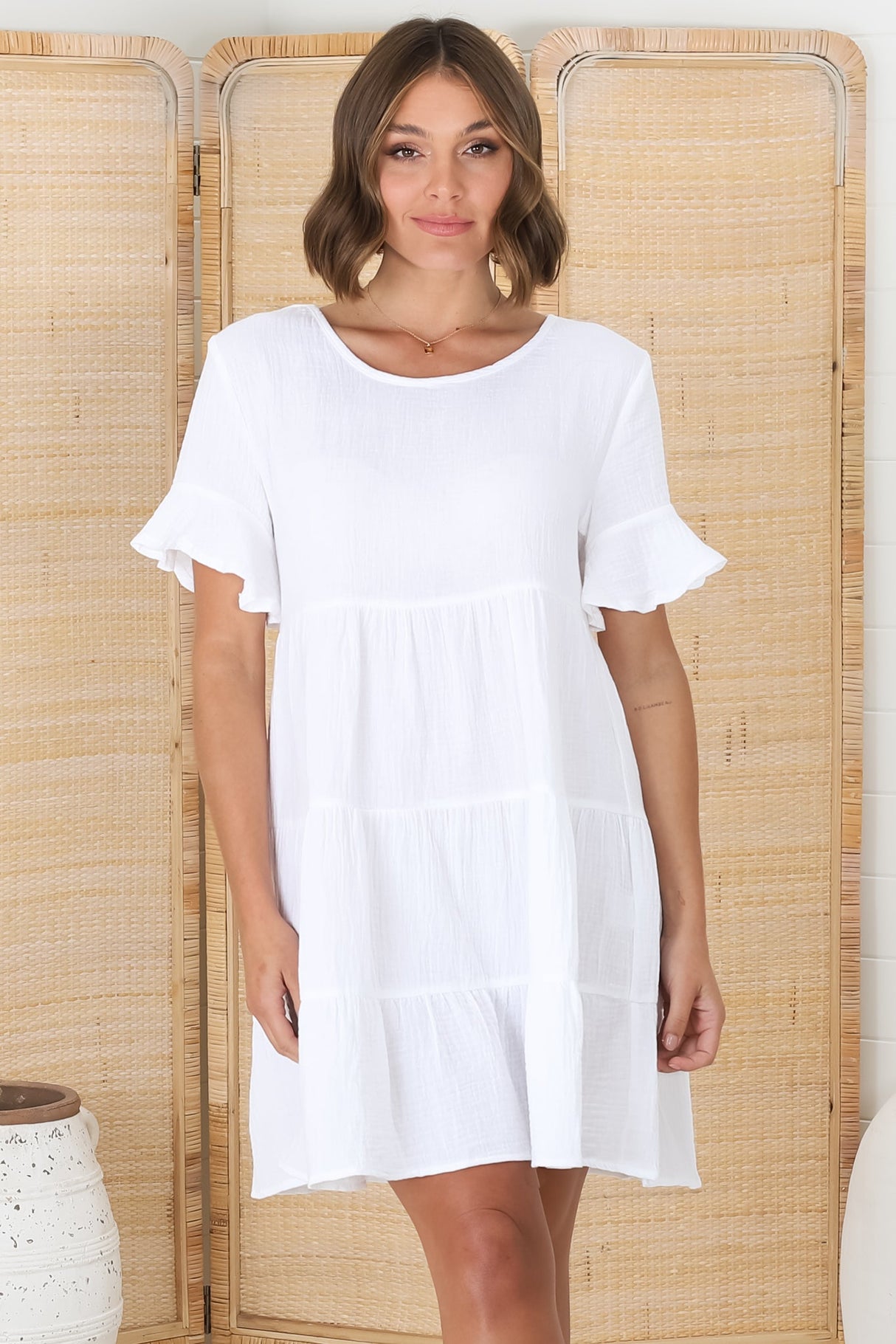 Cora Mini Dress - Cheesecloth Cotton Tiered Smock Dress with Frill Sleeves in White