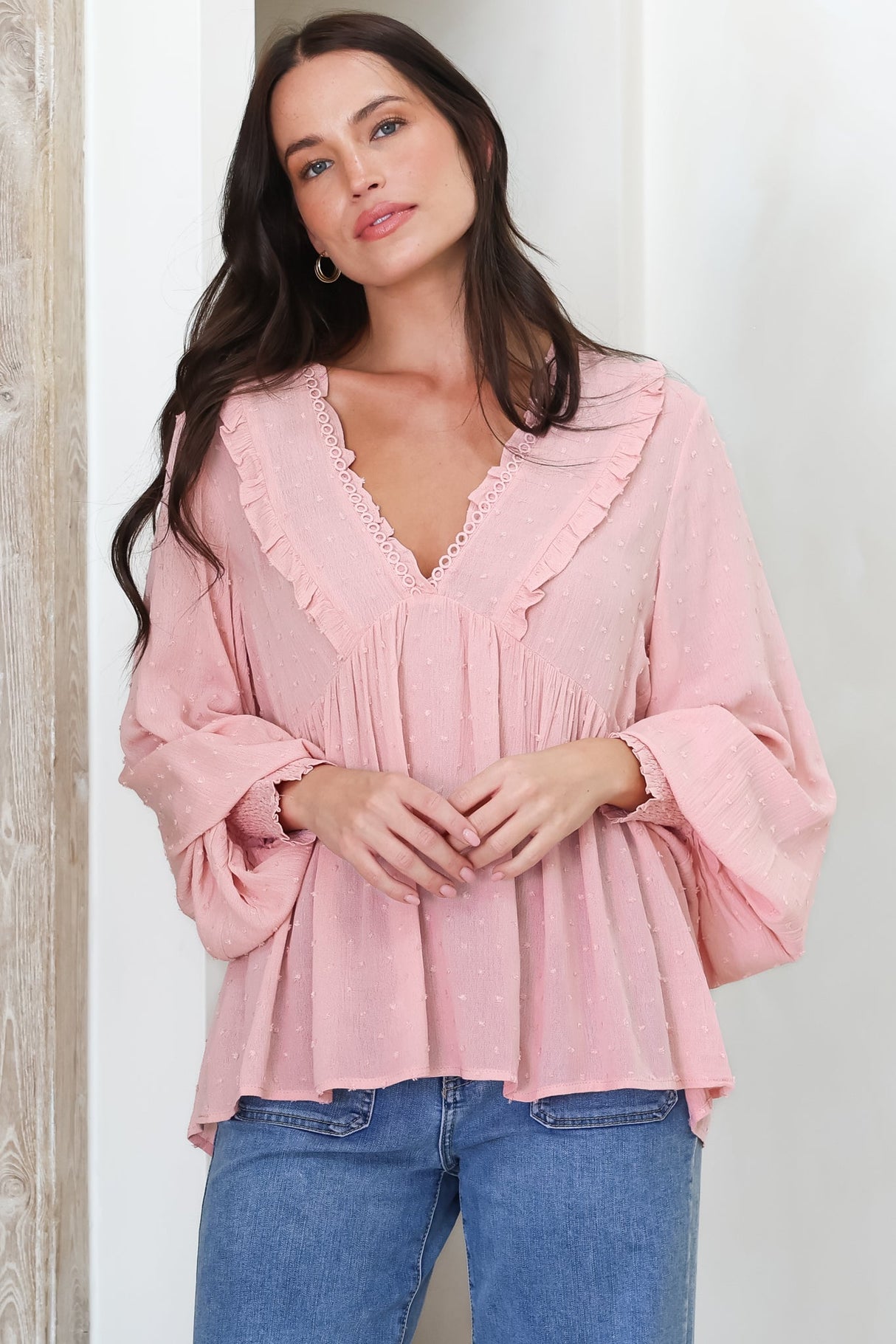 Coral Top - Frill Neckline Empire Bustline Textured Top with Long Balloon Sleeves in Blush