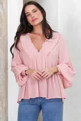 Coral Top - Frill Neckline Empire Bustline Textured Top with Long Balloon Sleeves in Blush