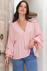 Coral Top - Frill Neckline Empire Bustline Textured Top with Long Balloon Sleeves in Blush