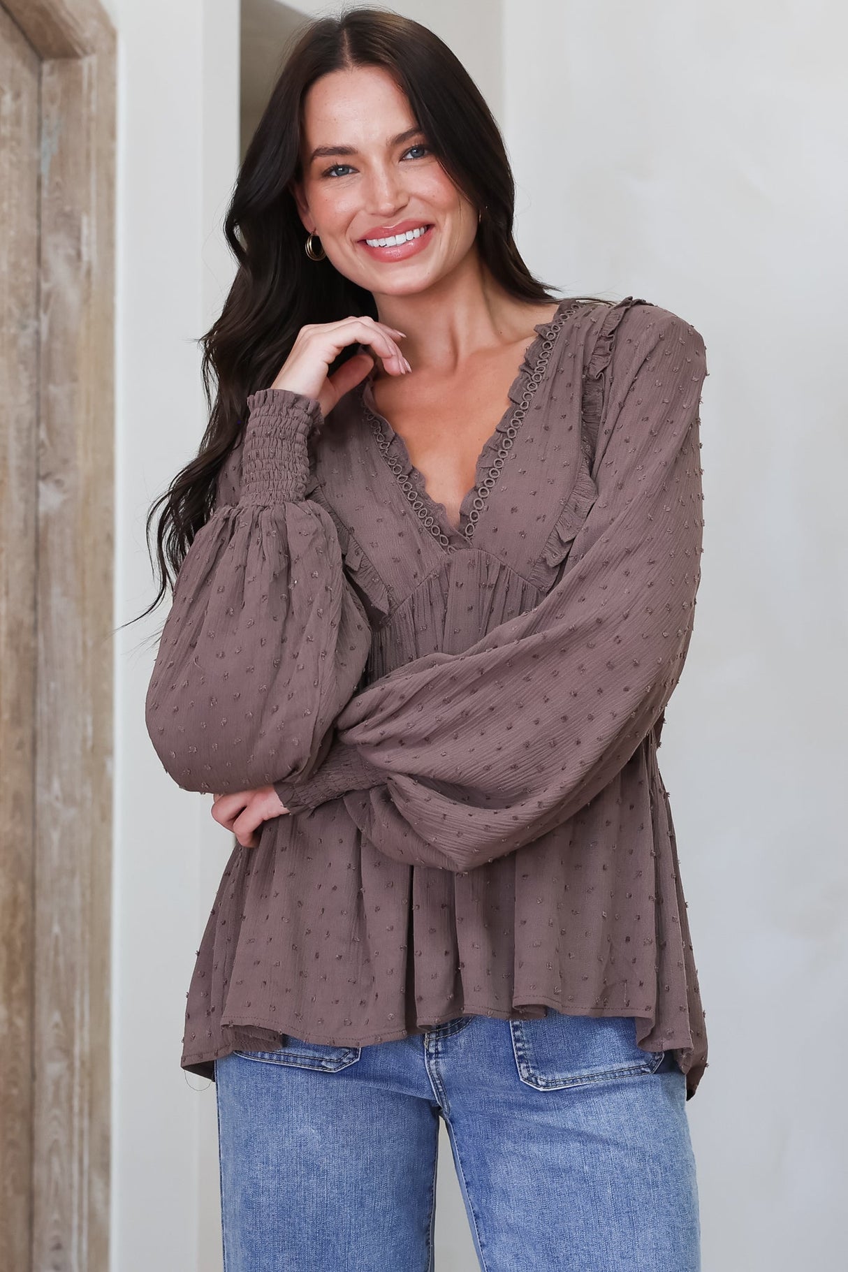 Coral Top - Frill Neckline Empire Bustline Textured Top with Long Balloon Sleeves in Chocolate