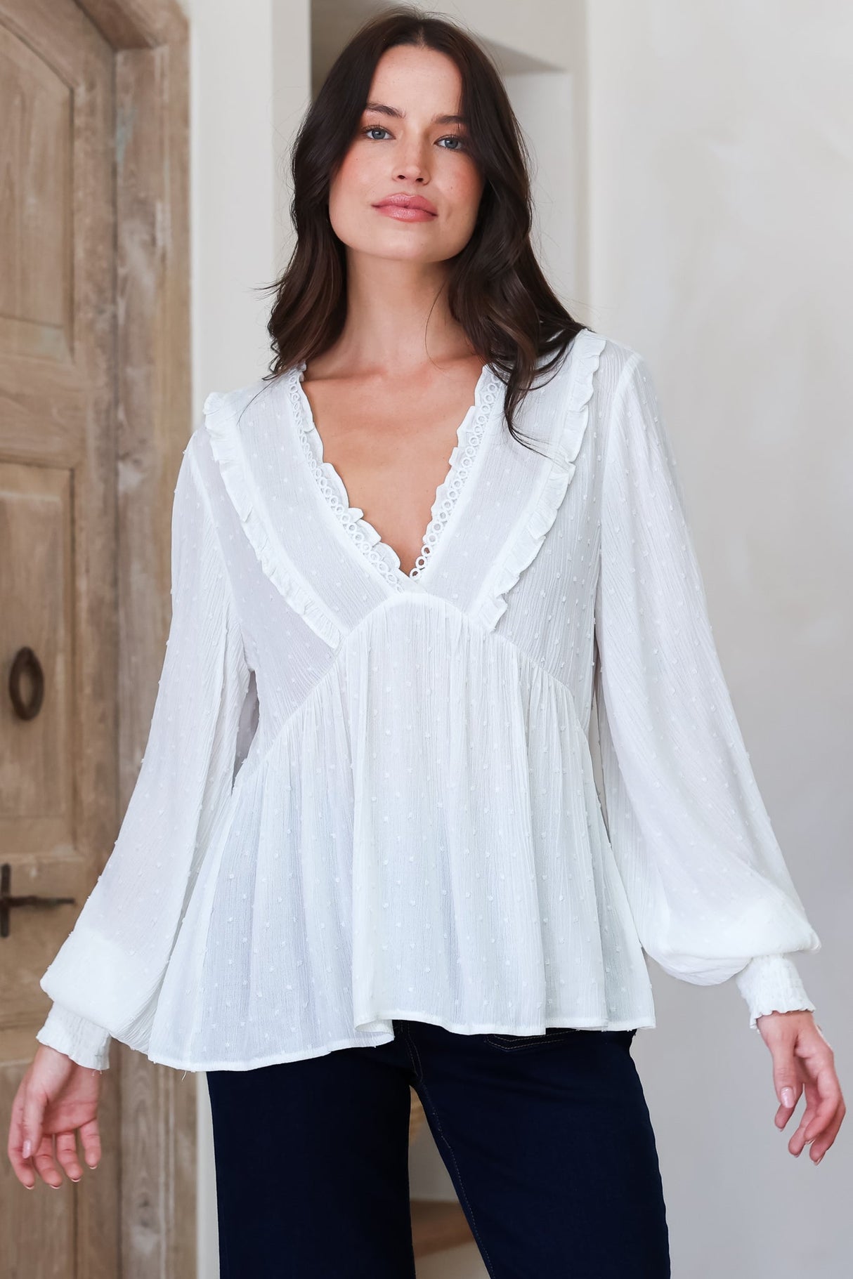 Coral Top - Frill Neckline Empire Bustline Textured Top with Long Balloon Sleeves in White