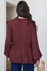 Coral Top - Frill Neckline Empire Bustline Textured Top with Long Balloon Sleeves in Wine