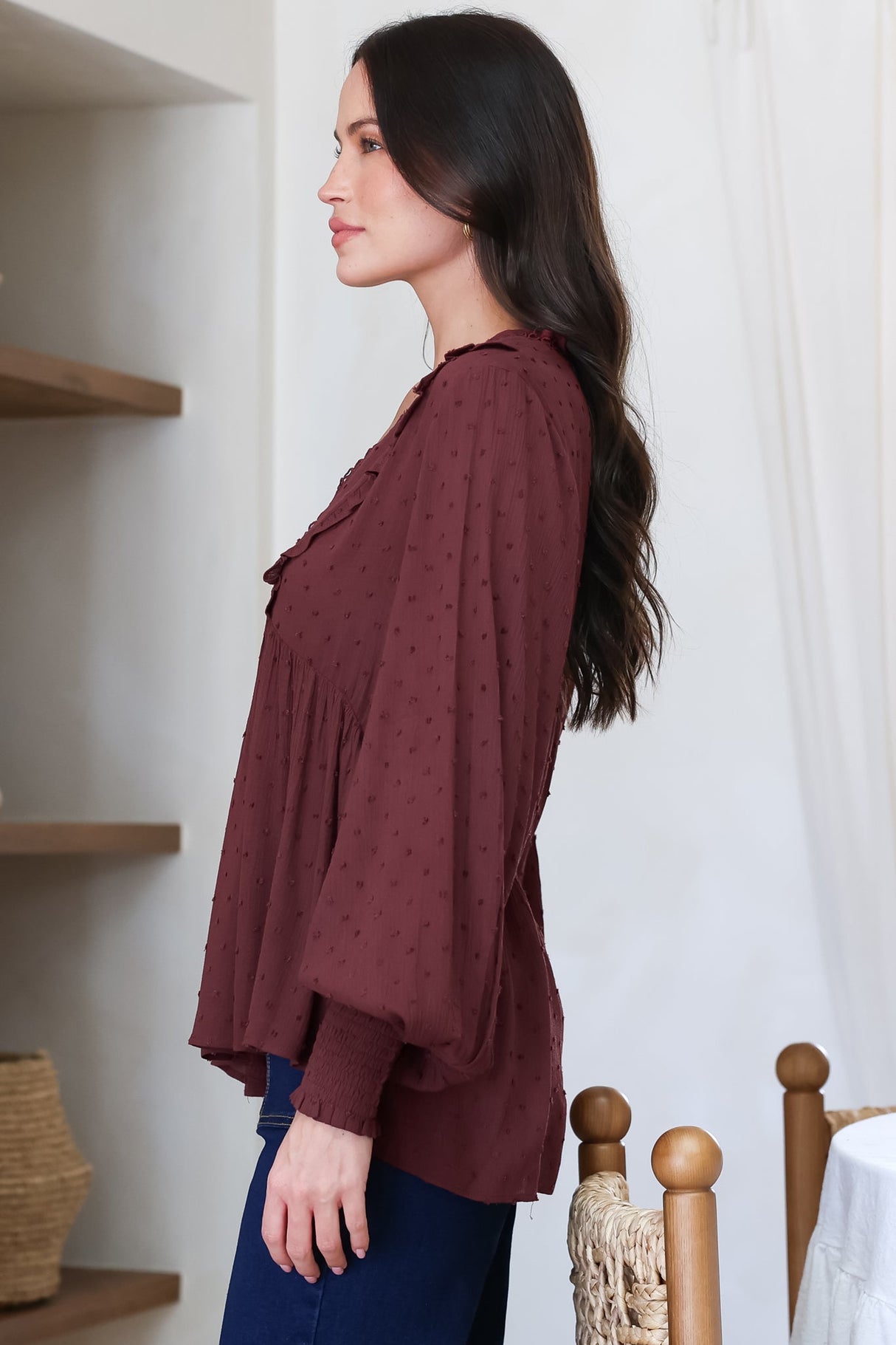 Coral Top - Frill Neckline Empire Bustline Textured Top with Long Balloon Sleeves in Wine