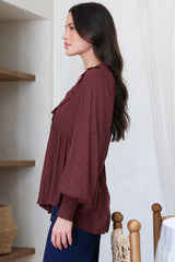 Coral Top - Frill Neckline Empire Bustline Textured Top with Long Balloon Sleeves in Wine