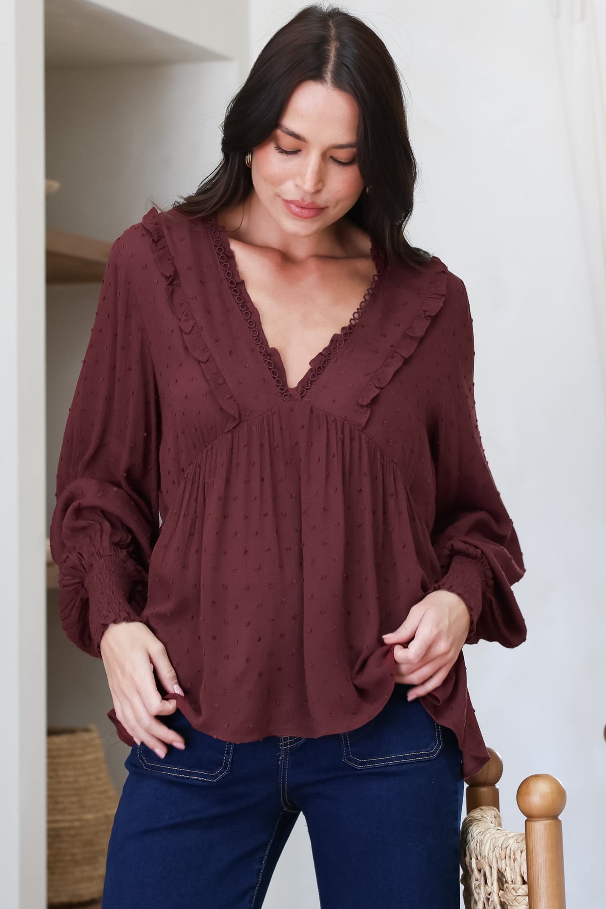 Coral Top - Frill Neckline Empire Bustline Textured Top with Long Balloon Sleeves in Wine
