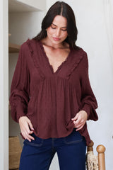 Coral Top - Frill Neckline Empire Bustline Textured Top with Long Balloon Sleeves in Wine