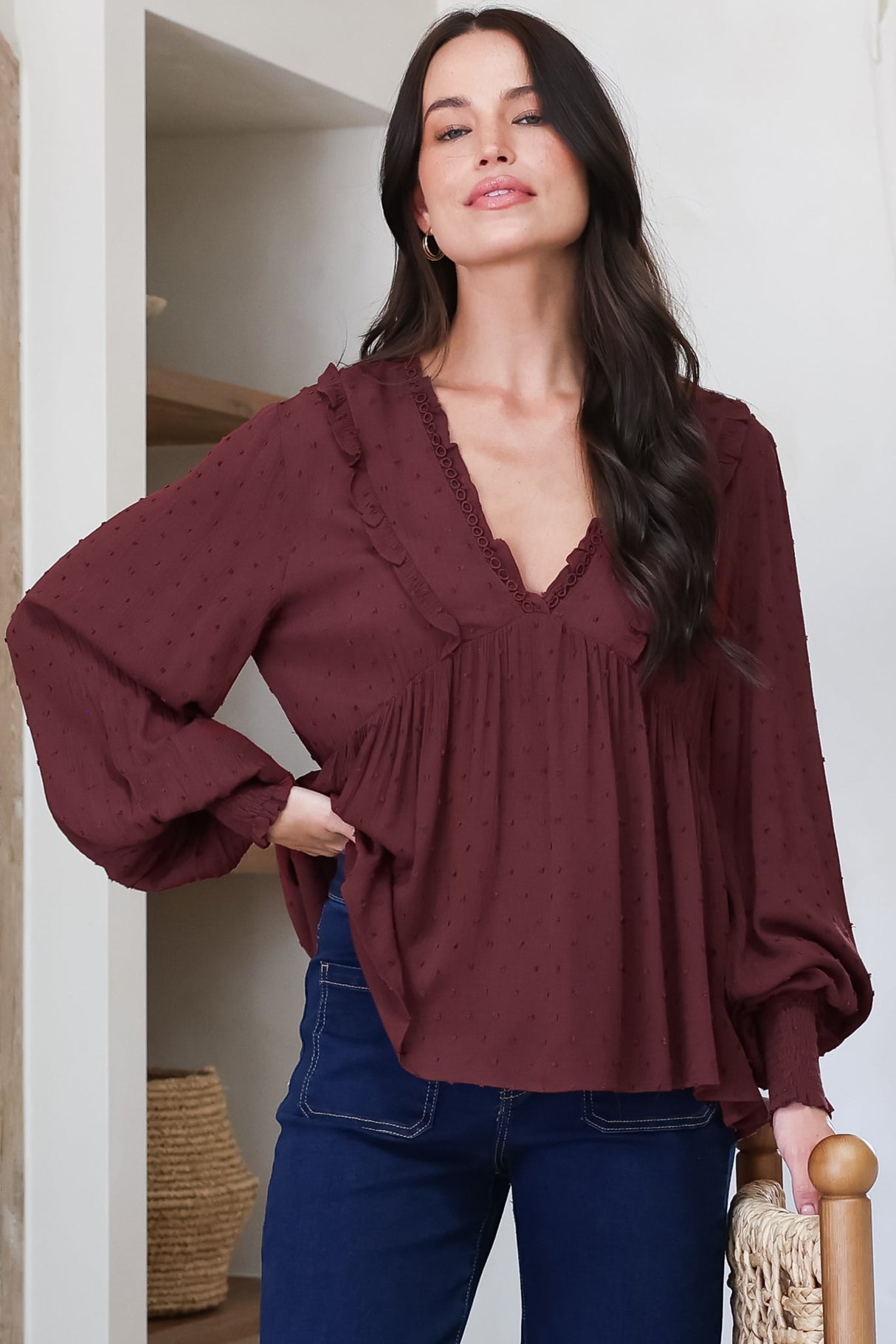 Coral Top - Frill Neckline Empire Bustline Textured Top with Long Balloon Sleeves in Wine