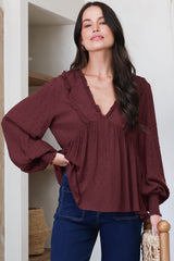 Coral Top - Frill Neckline Empire Bustline Textured Top with Long Balloon Sleeves in Wine