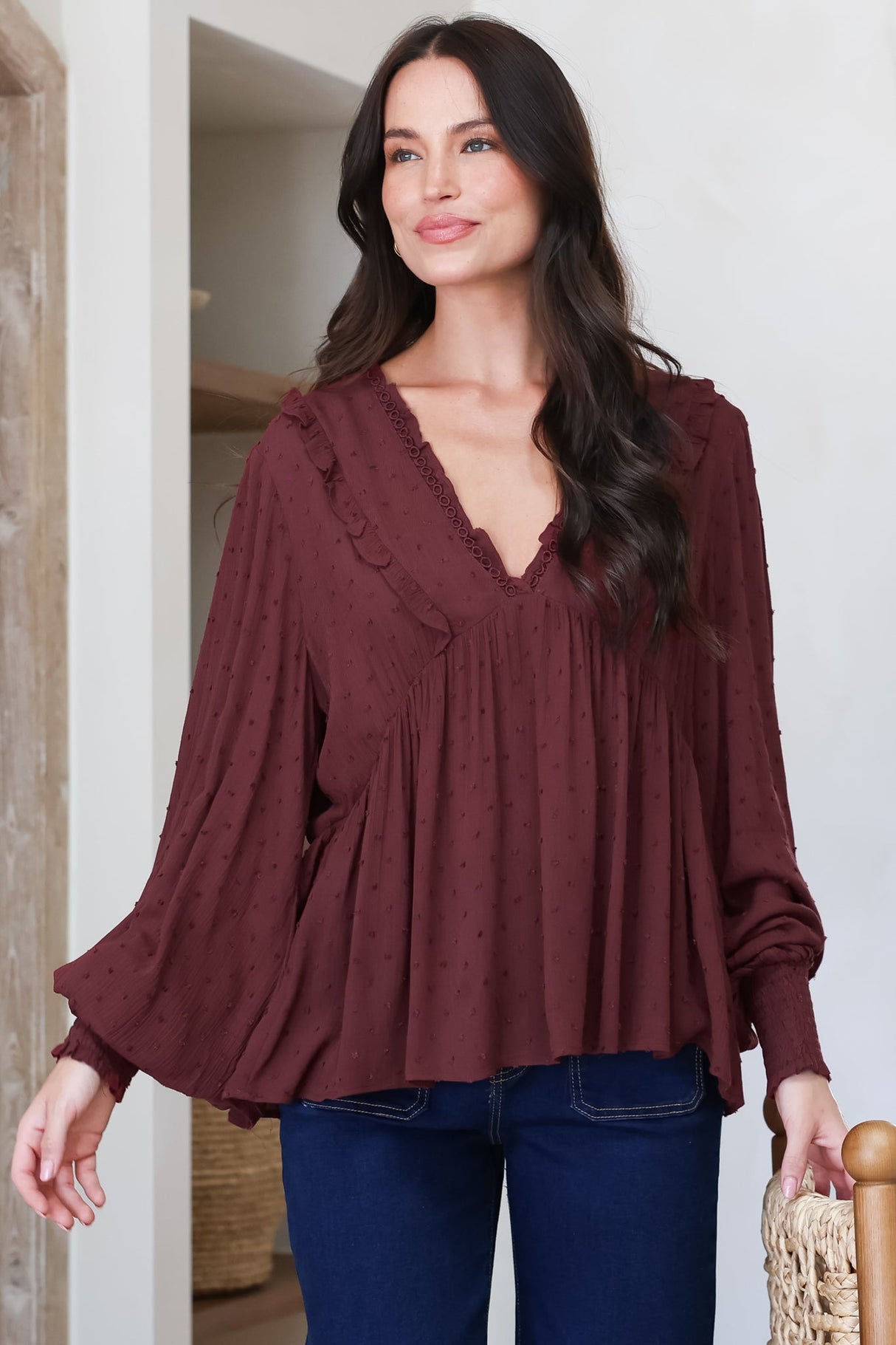 Coral Top - Frill Neckline Empire Bustline Textured Top with Long Balloon Sleeves in Wine
